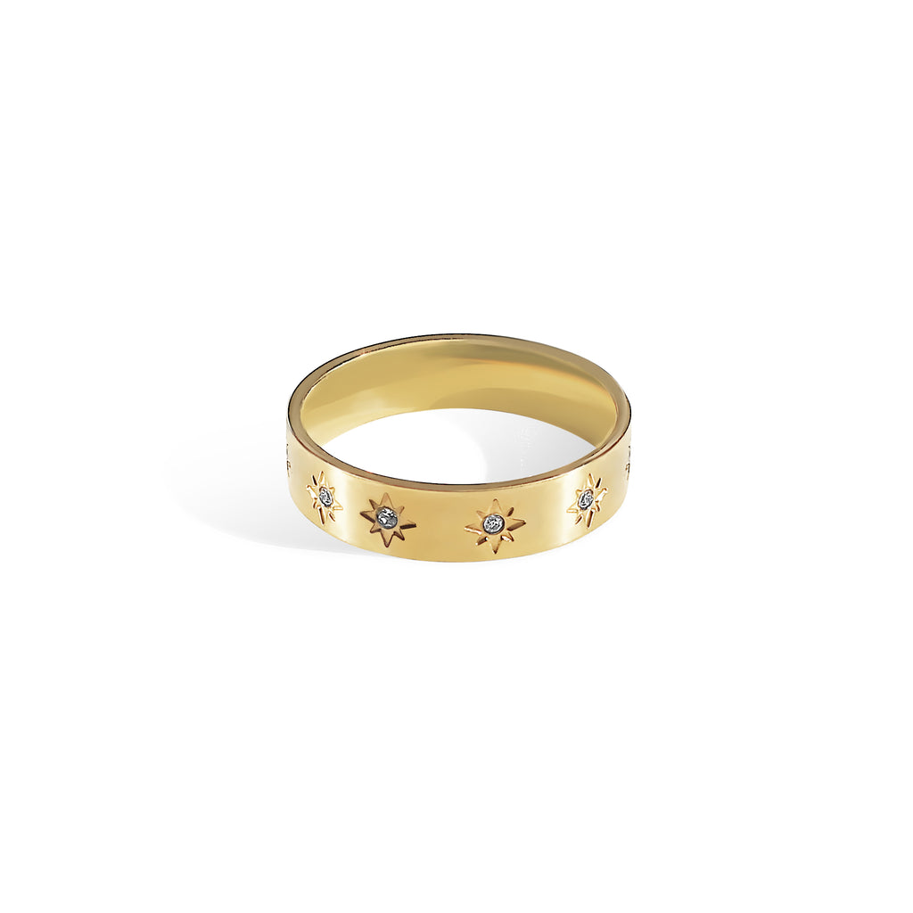 18k gold plated stainless steel band ring with zirconium encrusted starts. Ring is tarnish free. 