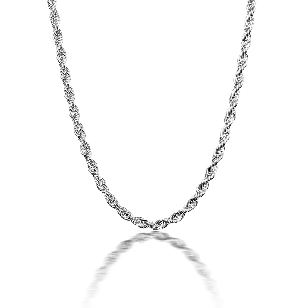 Silver rope chain in stainless steel.