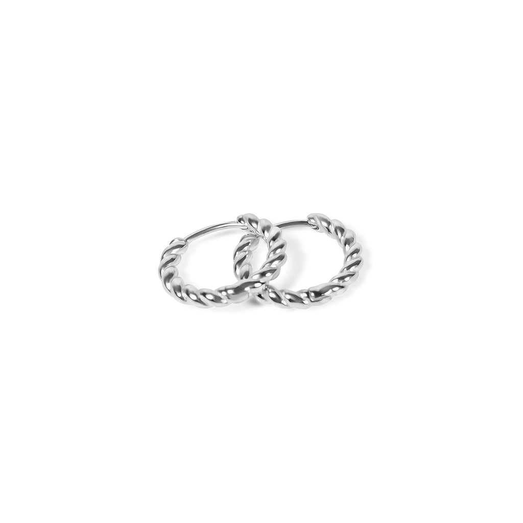 Rhodium plated mini hoops with twisted pattern which reminds of the roman era