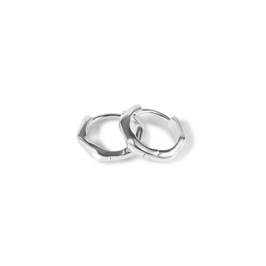 Platinum plated hexagon shaped huggies in 925 sterling silver.