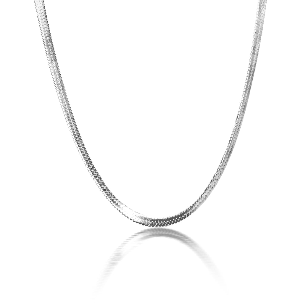 Platinum plated snake chain necklace in stainless steel. 