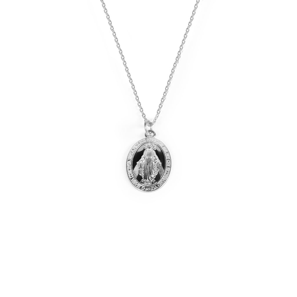 Rhodium plated thin chain necklace with Sainte Marie pendant in 925 sterling silver. 